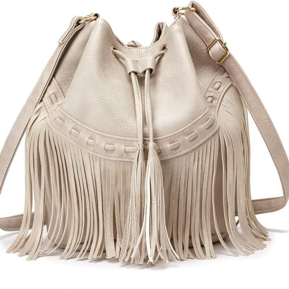 Leather Bucket Bags for Women Crossbody Fringe Purses with Drawstring Ladies Tas